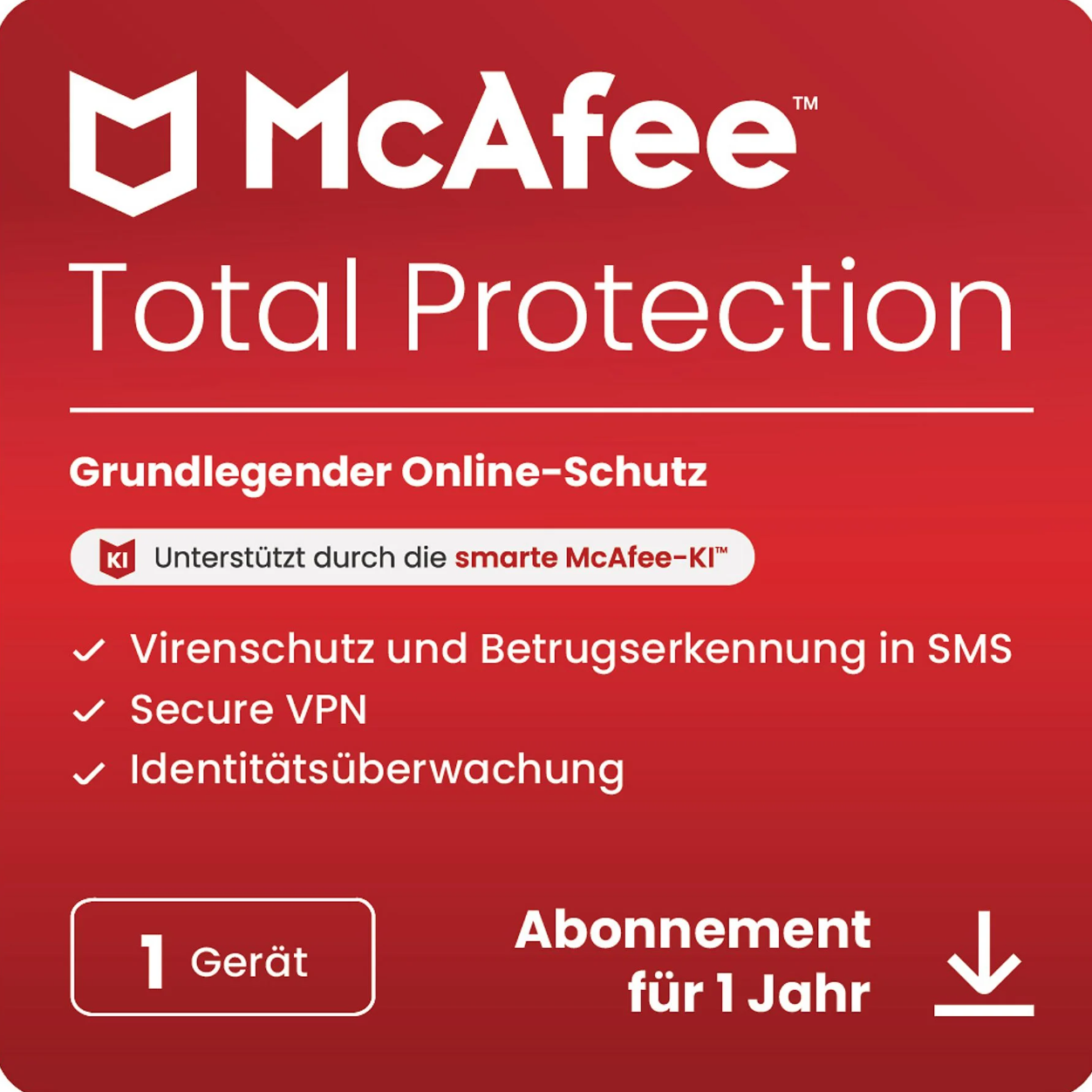 McAfee Total Protection 2025 – 1 appareil | Durée : 1 an – Protection complète, VPN inclus